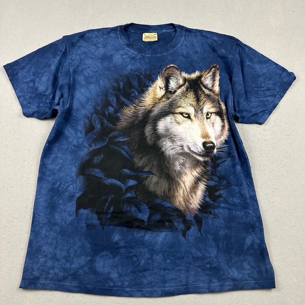 Vintage The Mountain Shirt Men 2XL Blue Wolf Graphic Short Sleeve Leather Tag